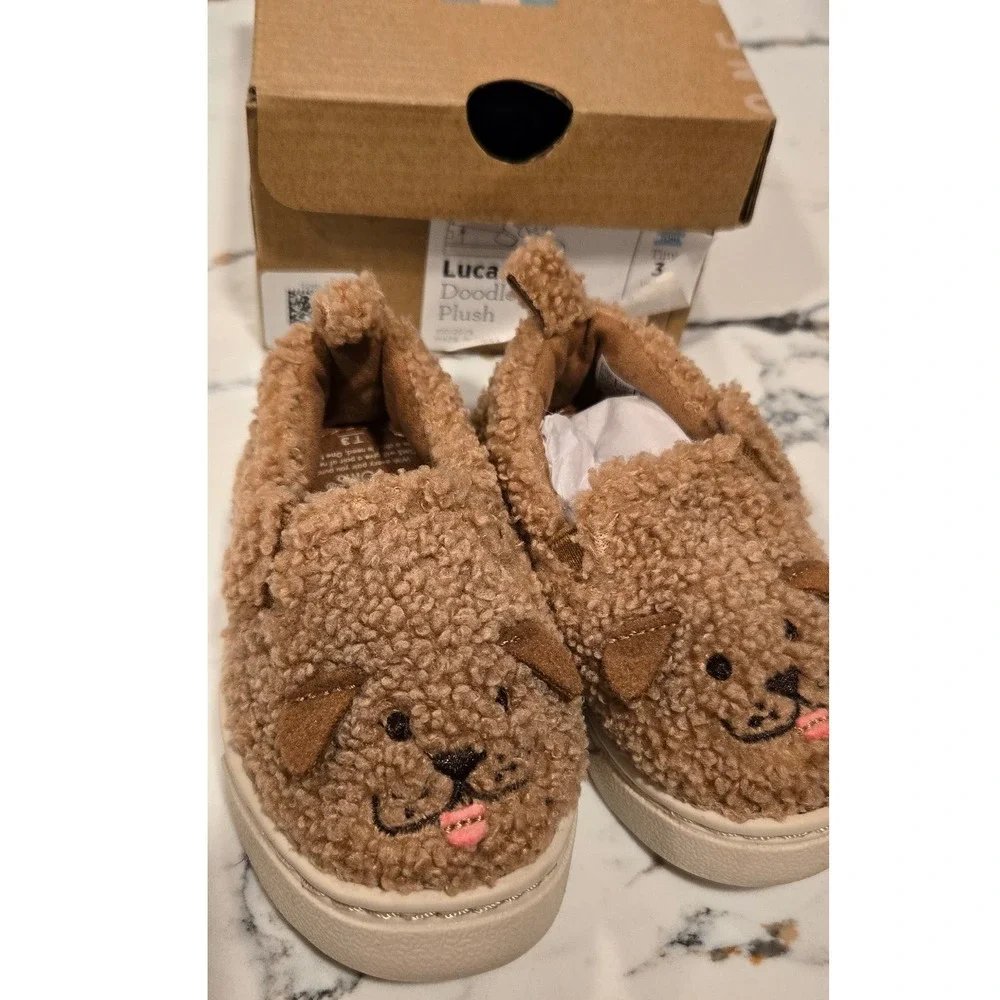 TOMS Kids Luca‎ Doodle Plush Slip On Shoes Toddler Size 3 Brown Dog Face